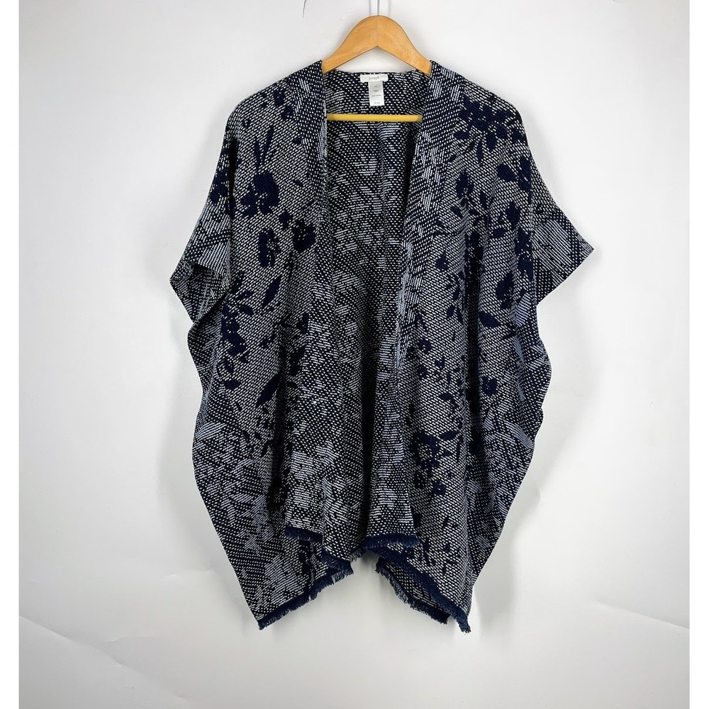 Pure Jill J. Jill Navy White Floral Cotton Kimono Wrap Cardigan Fringe S-L